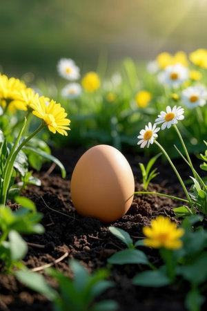 Egg in the garden with daisies and daisies