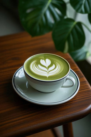 A cup of green tea with latte art on the wooden table