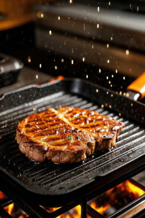 Grilled steaks on the grill with fire, close-upの写真素材