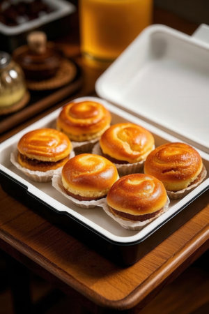 Delicious homemade buns on a wooden table. Selective focus.の写真素材