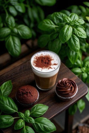 Cup of coffee with chocolate muffins and fresh basil on wooden backgroundの写真素材