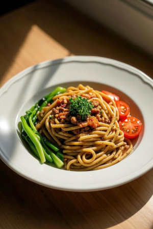 spaghetti with green beans and tomato on wooden tableの写真素材
