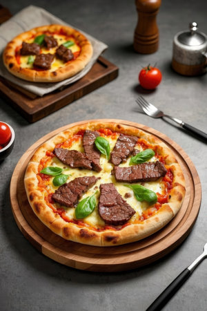 Pizza with beef, mozzarella and basil on wooden boardの写真素材