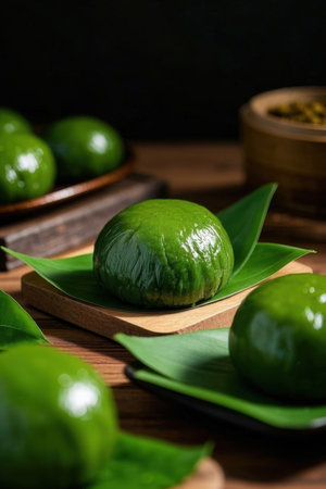Thai dessert made from lime and green leaf on wooden background.