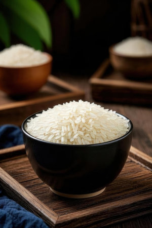 Rice in a bowl on a wooden background. Selective focus.の写真素材