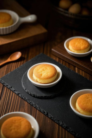 Mini cheesecakes on a black plate on a wooden background.