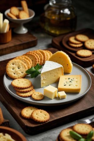 Cheese plate with crackers and crackers on gray background.の写真素材