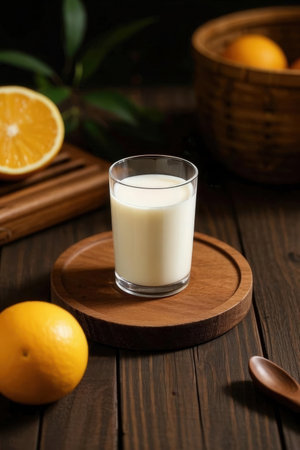 glass of milk and oranges on a wooden table, vertical, close-upの写真素材