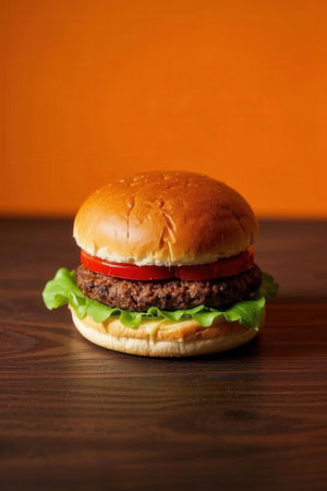 Hamburger on the wooden table with orange background, shallow depth of field