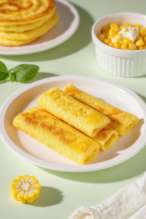Pancakes stuffed with cottage cheese and corn on a light green backgroundの写真素材