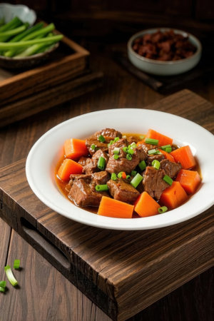 Beef Bourguignon with carrot and green onion on wooden backgroundの写真素材