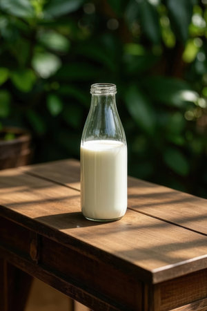 Bottle of milk on the table in the garden, stock photoの写真素材