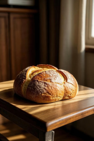 Freshly baked bread on a wooden table. Selective focus.の写真素材