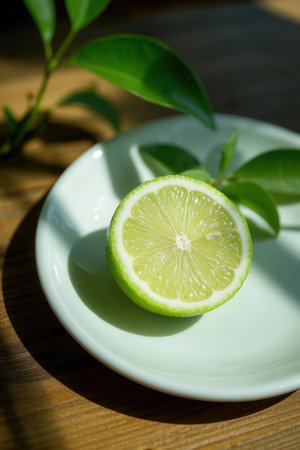 Lime slice on a white plate with green leaves on wooden tableの写真素材