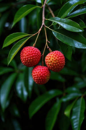 Lychee fruit on the tree. Lychee is a fruit of the litchi family.の写真素材