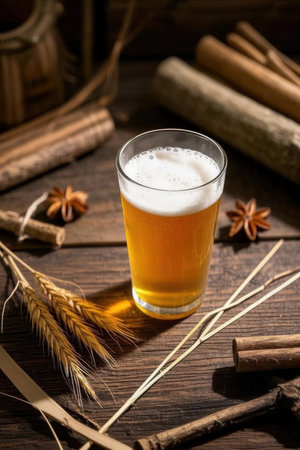 Beer in a glass on a wooden table with anise and cinnamonの写真素材