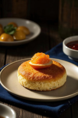 Scones with butter and apricot jam on a plate