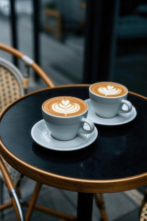 Coffee cup with latte art on the table in coffee shopの写真素材