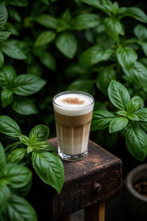 Coffee latte in a glass with fresh green basil.の写真素材