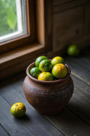 Limes in a clay pot on a wooden background. Selective focus.の写真素材