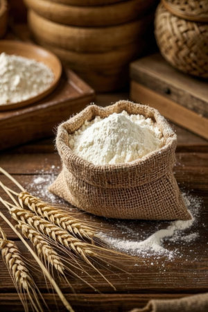 Wheat flour in a burlap bag on a wooden table.の写真素材