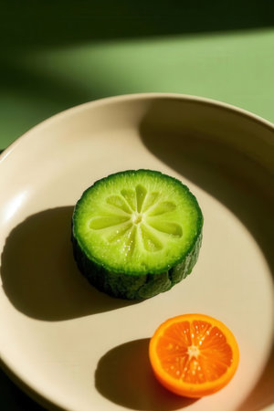Cucumber and slice of orange on a plate on a green backgroundの写真素材