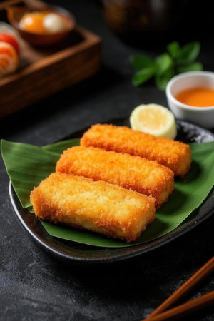 Deep fried fish fingers served with soy sauce and chopsticks on black stone background.