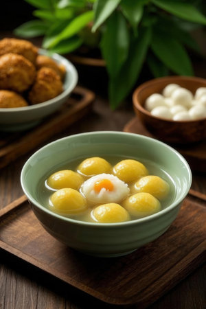 Bowl of sweet dumplings with egg yolk on wooden tableの写真素材