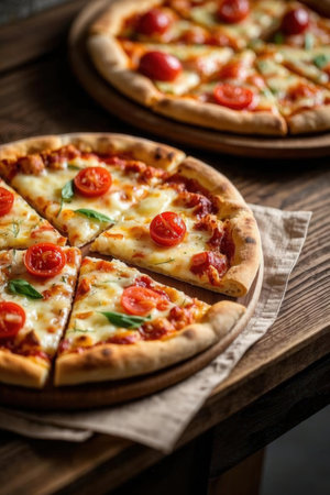 Pizza with mozzarella, tomatoes and basil on wooden backgroundの写真素材