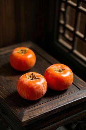 Ripe persimmons on a wooden table. Selective focus.