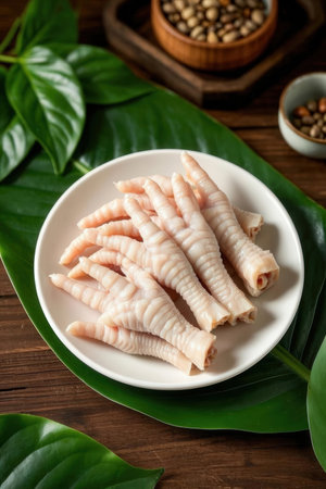 Raw chicken on a plate on a wooden table with green leavesの写真素材