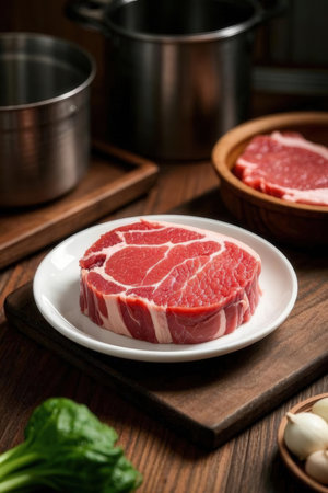raw beef on a white plate on a wooden table with saucepan