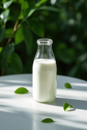 Bottle of fresh milk on white table with green leaves background.の写真素材