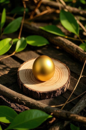 golden egg on the wooden table with green leaves in nature backgroundの写真素材