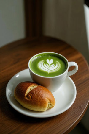 A cup of matcha latte green tea and bread on wooden tableの写真素材