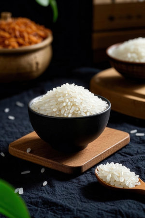 Rice in a black bowl on a black background. Selective focus.の写真素材