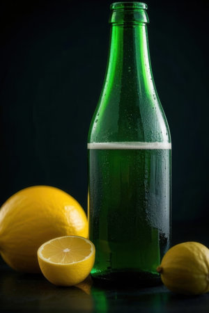 Bottle of liquid with lemon and lemons on a black backgroundの写真素材