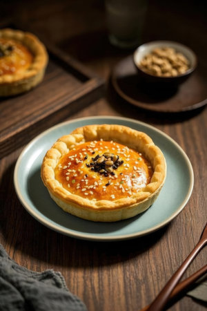 Homemade egg tart with nuts on a blue plate on a wooden tableの写真素材