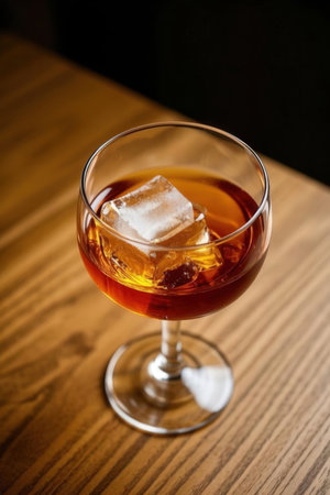 Cognac or brandy with ice in a glass on wooden table