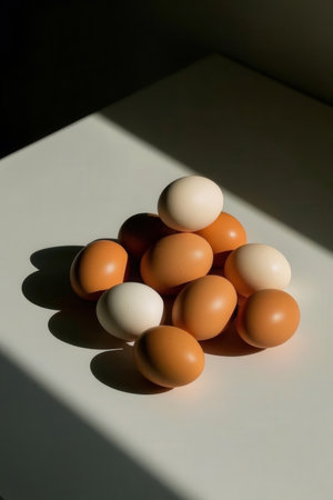 Chicken eggs on a white table with shadow from the sun and sunlightの写真素材