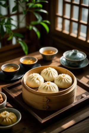 steamed dumpling - chinese bun on wood table.の写真素材