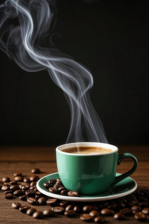 Coffee cup and coffee beans on wooden table, close up