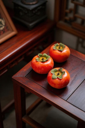 Persimmon fruits on the wooden table.の写真素材