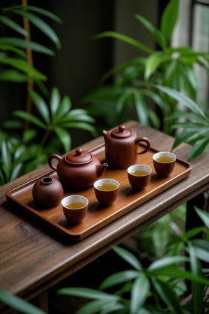 tea set on wooden table in cafe with green plant background.の写真素材