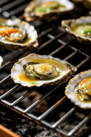 fresh oysters on the barbecue grill, close-up, macroの写真素材
