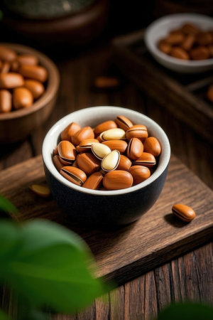 Pistachio nuts in a bowl on wooden background. Selective focus
