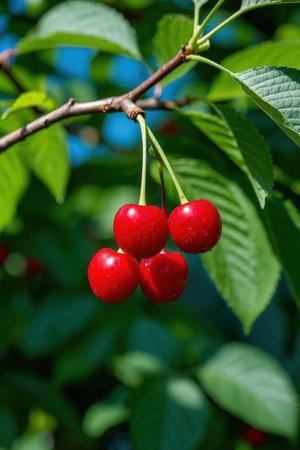 ripe red cherries on a branch with green leaves in the garden