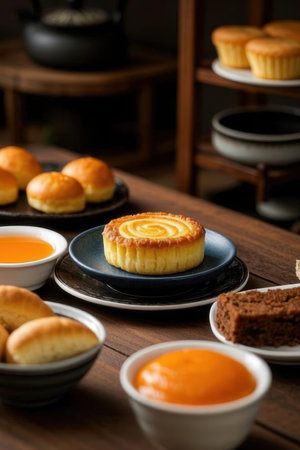 Close-up image of buns and cup of tea on wooden tableの写真素材