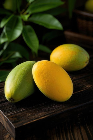 Mango fruit on a wooden table in a rustic style.