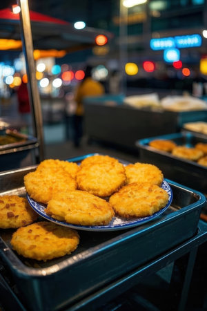 Chicken nuggets on a street food stall in Bangkok, Thailand.の写真素材